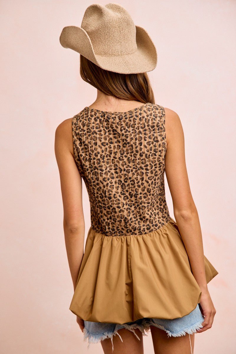 BiBi Rib Textured Leopard Sleeveless Bubble Peplum Top - Bitsy Gypsy Boutique