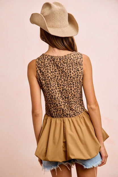 BiBi Rib Textured Leopard Sleeveless Bubble Peplum Top - Bitsy Gypsy Boutique