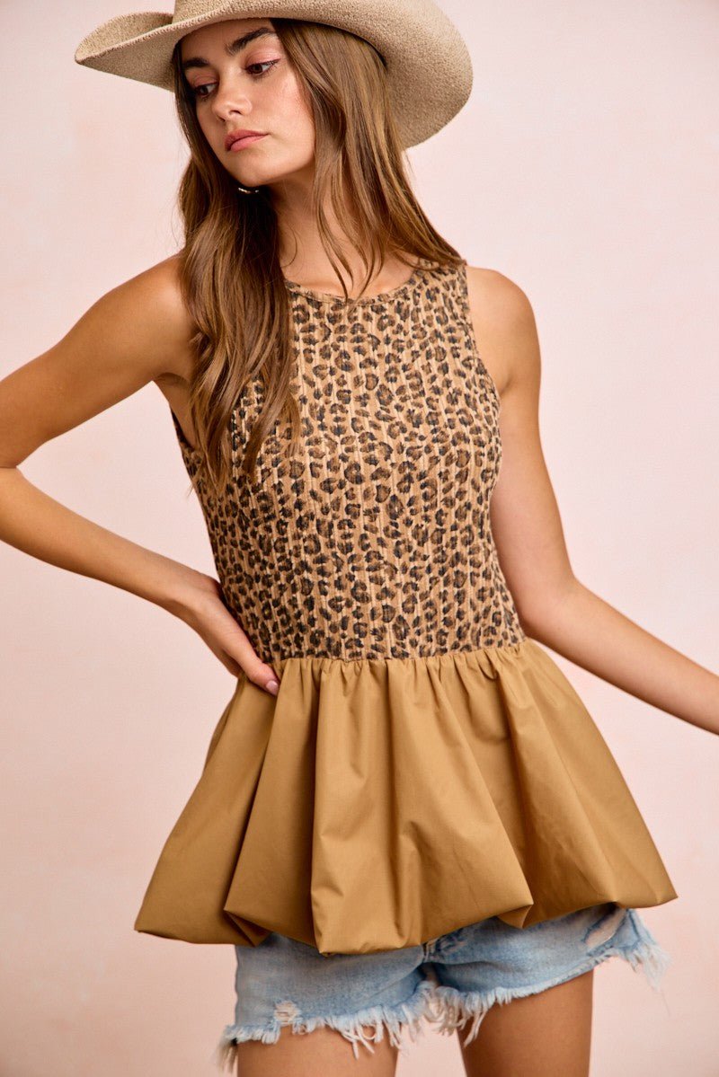 BiBi Rib Textured Leopard Sleeveless Bubble Peplum Top - Bitsy Gypsy Boutique