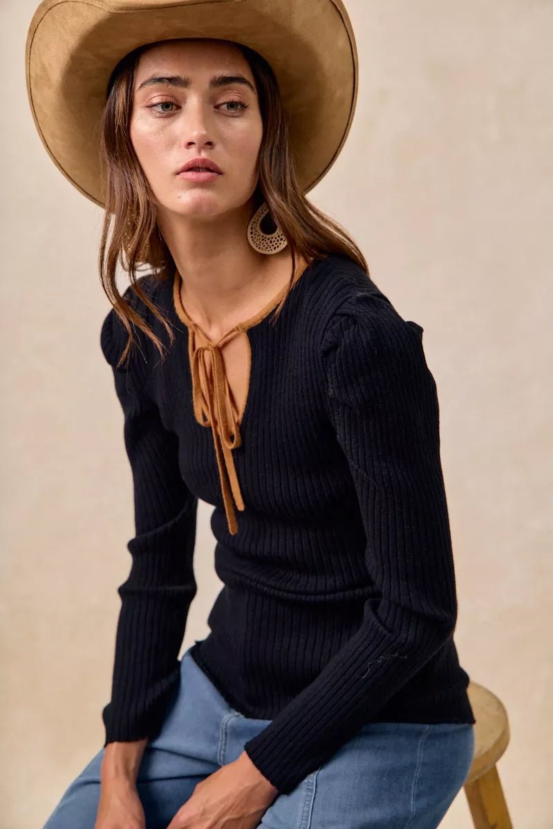 BiBi Ribbed Contrast Front Tied Top with Shrried - Bitsy Gypsy Boutique