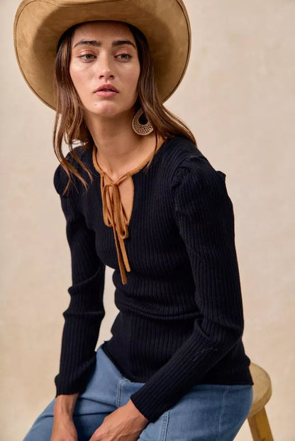 BiBi Ribbed Contrast Front Tied Top with Shrried - Bitsy Gypsy Boutique