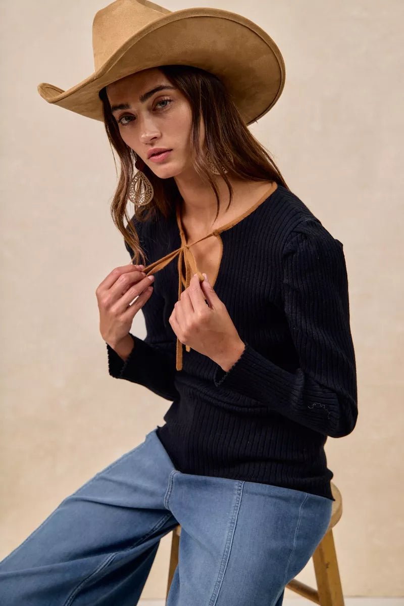 BiBi Ribbed Contrast Front Tied Top with Shrried - Bitsy Gypsy Boutique