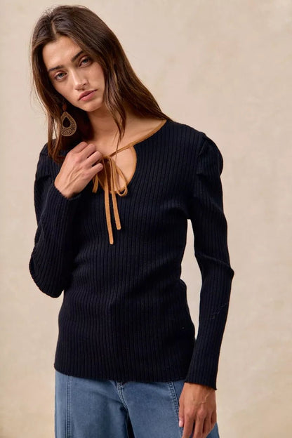 BiBi Ribbed Contrast Front Tied Top with Shrried - Bitsy Gypsy Boutique