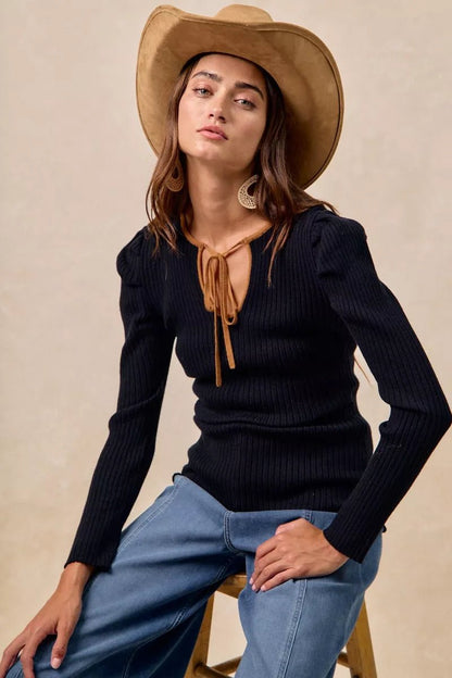 BiBi Ribbed Contrast Front Tied Top with Shrried - Bitsy Gypsy Boutique