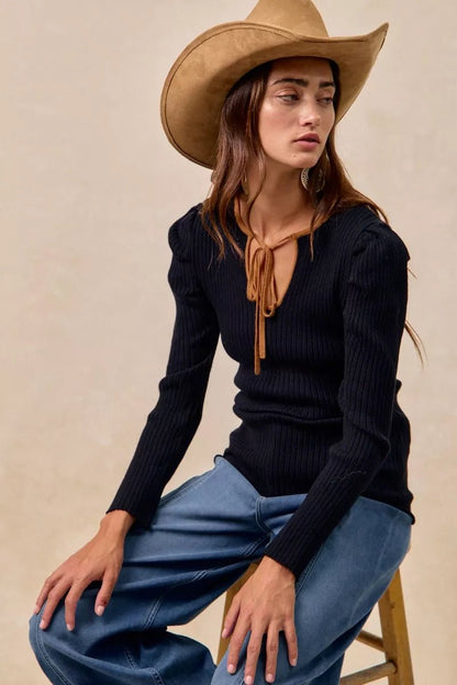 BiBi Ribbed Contrast Front Tied Top with Shrried - Bitsy Gypsy Boutique