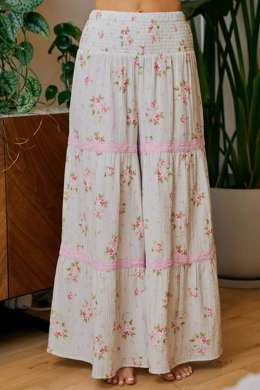 BiBi Rose Printed Gauze Trim Detail Smocked Maxi Pants - Bitsy Gypsy Boutique