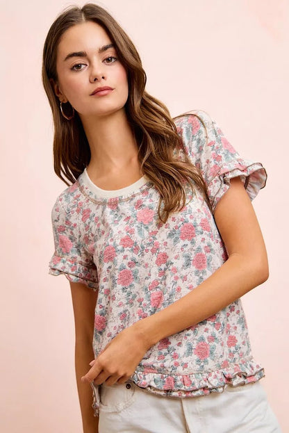 BiBi Rose Printed Slub Knit Ruffled Sleeves Top - Bitsy Gypsy Boutique