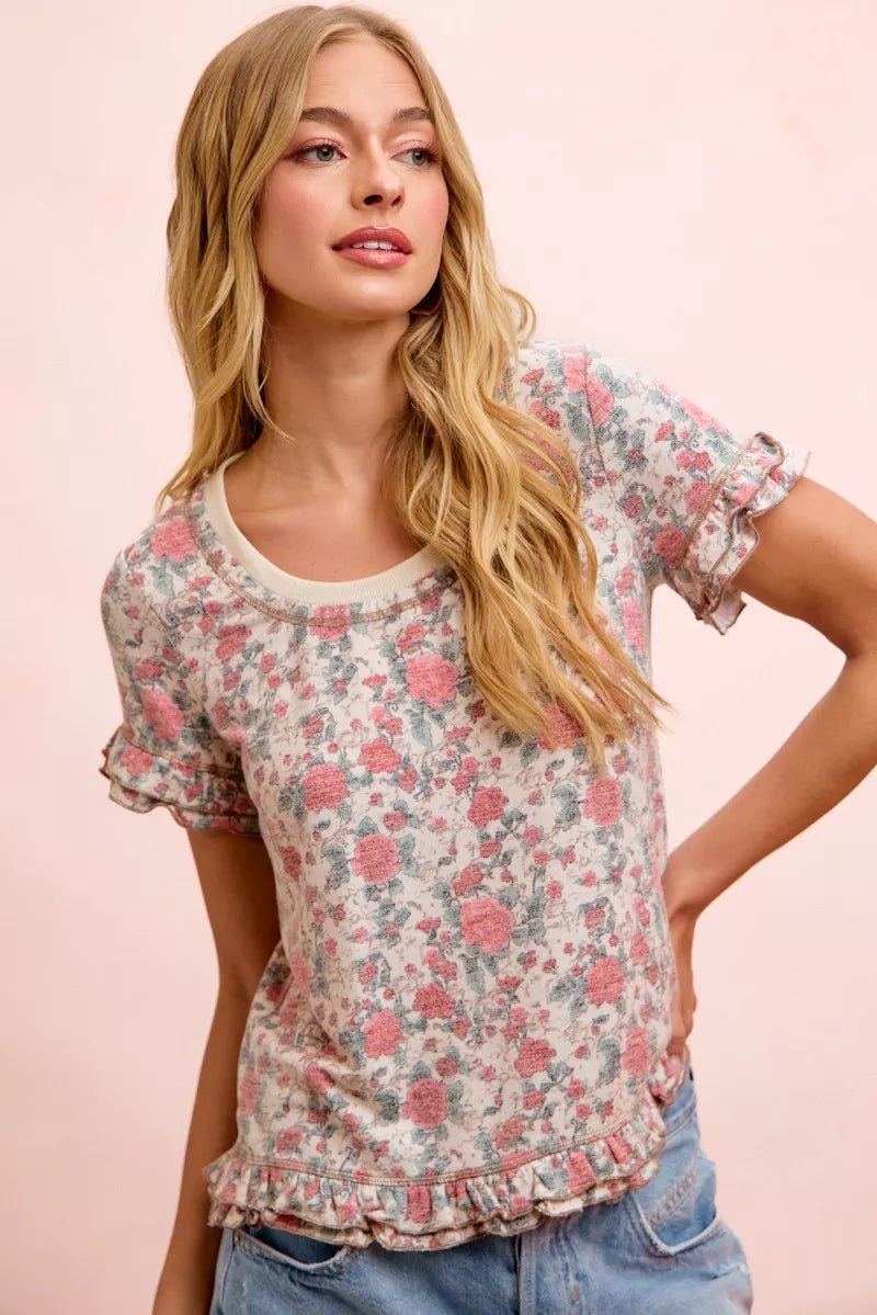 BiBi Rose Printed Slub Knit Ruffled Sleeves Top - Bitsy Gypsy Boutique