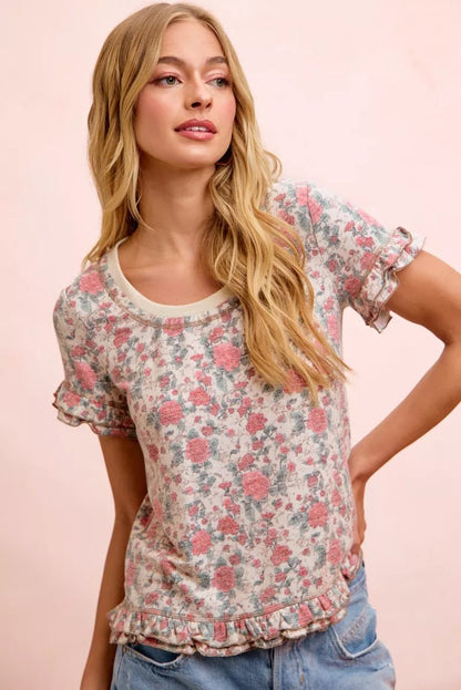 BiBi Rose Printed Slub Knit Ruffled Sleeves Top - Bitsy Gypsy Boutique