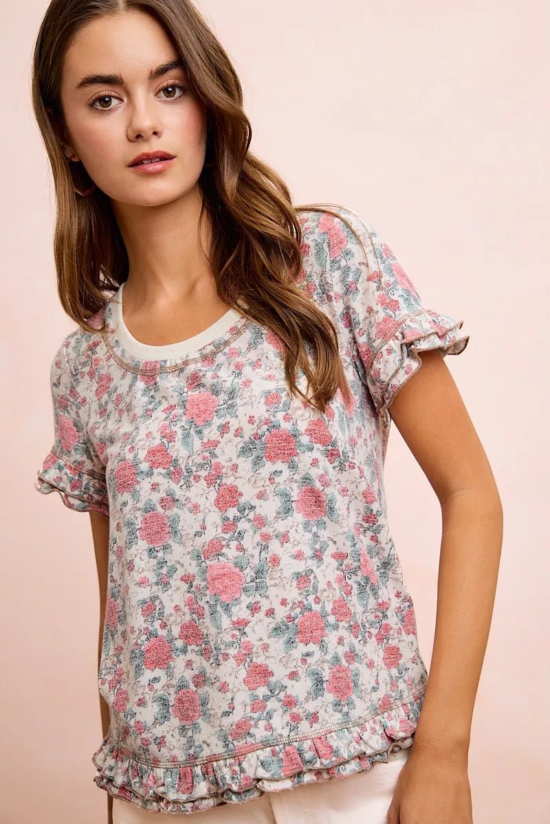 BiBi Rose Printed Slub Knit Ruffled Sleeves Top - Bitsy Gypsy Boutique