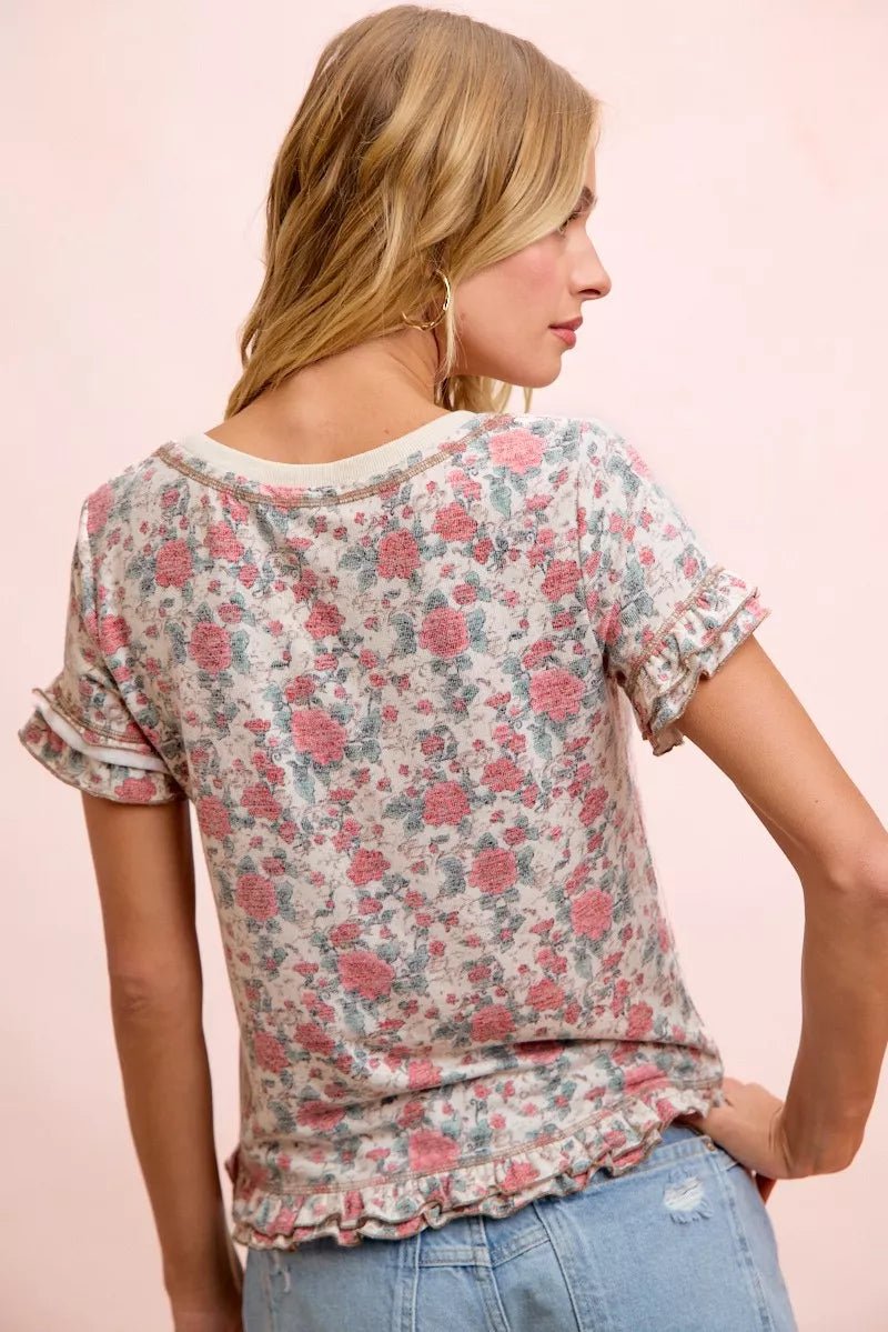 BiBi Rose Printed Slub Knit Ruffled Sleeves Top - Bitsy Gypsy Boutique