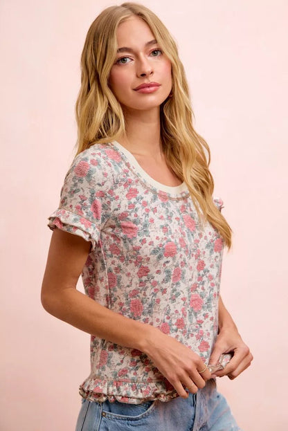 BiBi Rose Printed Slub Knit Ruffled Sleeves Top - Bitsy Gypsy Boutique