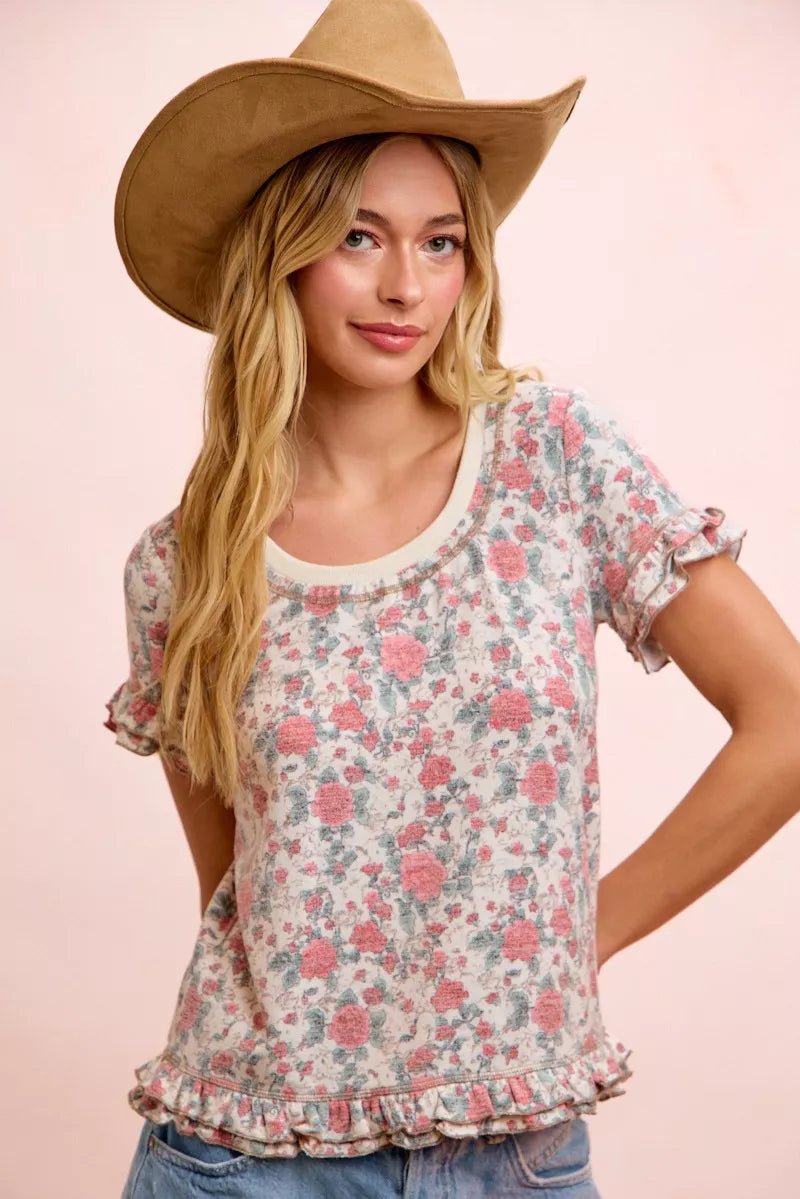 BiBi Rose Printed Slub Knit Ruffled Sleeves Top - Bitsy Gypsy Boutique