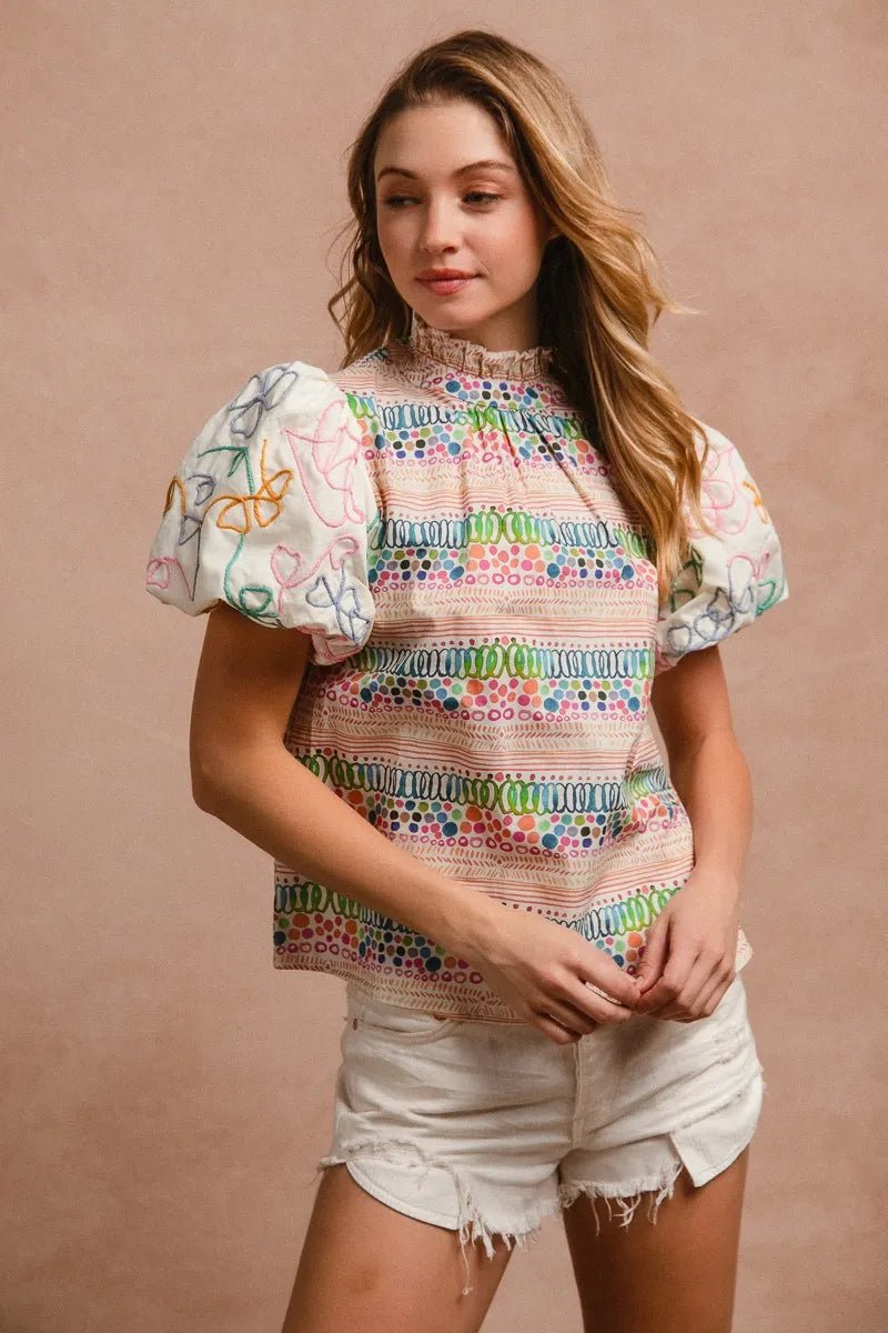 BiBi Ruffle Neckline Blouse With Embroidery Bubble Sleeve - Bitsy Gypsy Boutique