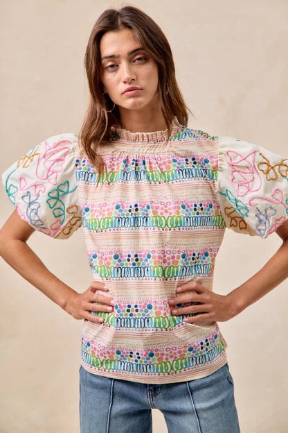 BiBi Ruffle Neckline Blouse With Embroidery Bubble Sleeve - Bitsy Gypsy Boutique