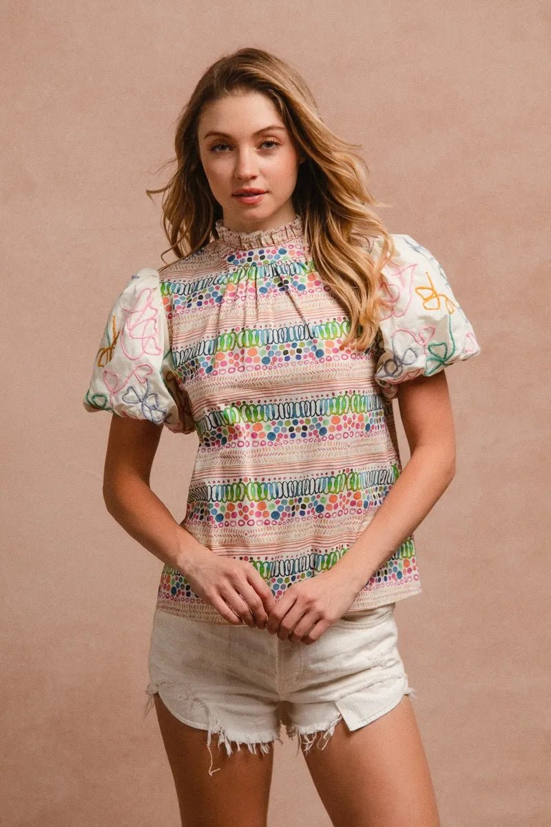 BiBi Ruffle Neckline Blouse With Embroidery Bubble Sleeve - Bitsy Gypsy Boutique
