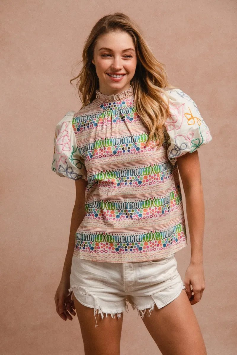 BiBi Ruffle Neckline Blouse With Embroidery Bubble Sleeve - Bitsy Gypsy Boutique