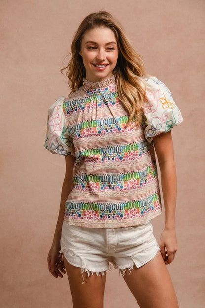 BiBi Ruffle Neckline Blouse With Embroidery Bubble Sleeve - Bitsy Gypsy Boutique