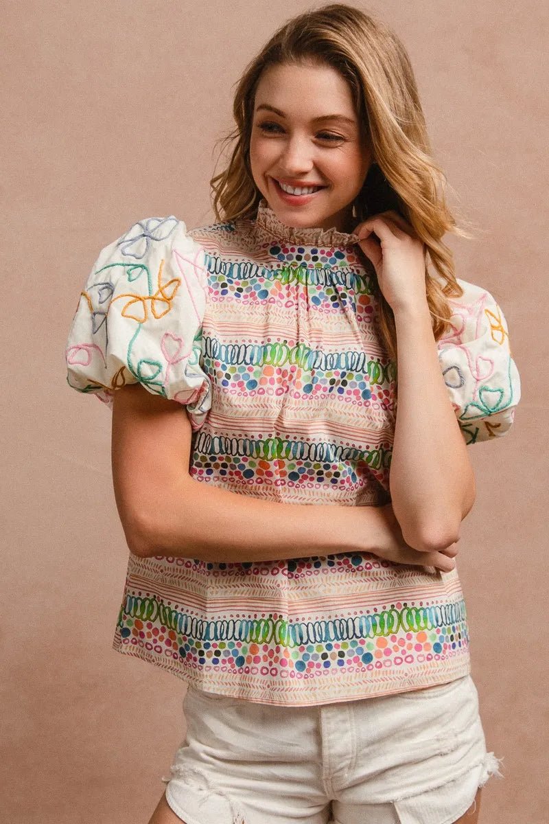 BiBi Ruffle Neckline Blouse With Embroidery Bubble Sleeve - Bitsy Gypsy Boutique