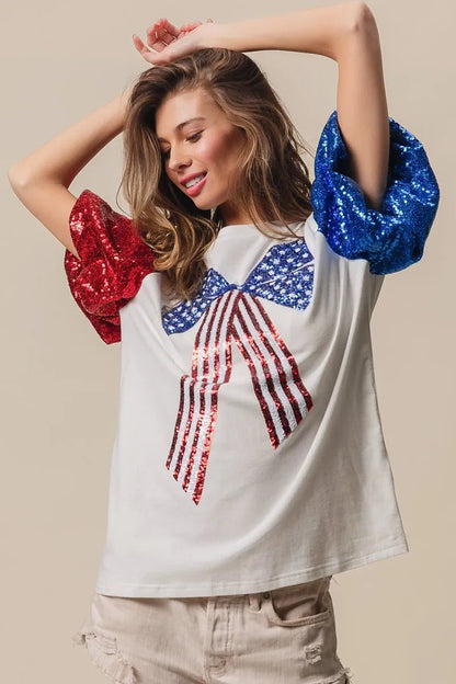 BiBi Sequin American Flag Bow Top - Bitsy Gypsy Boutique