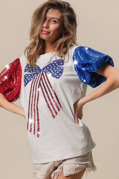 BiBi Sequin American Flag Bow Top - Bitsy Gypsy Boutique