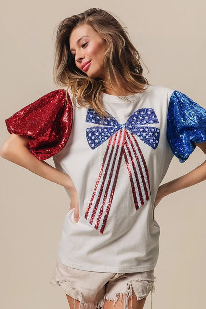 BiBi Sequin American Flag Bow Top - Bitsy Gypsy Boutique