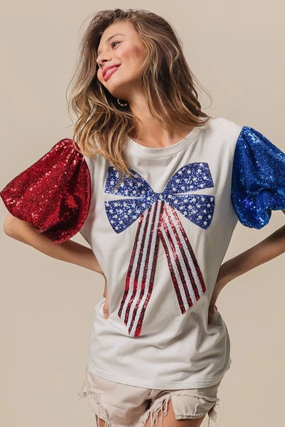 BiBi Sequin American Flag Bow Top - Bitsy Gypsy Boutique