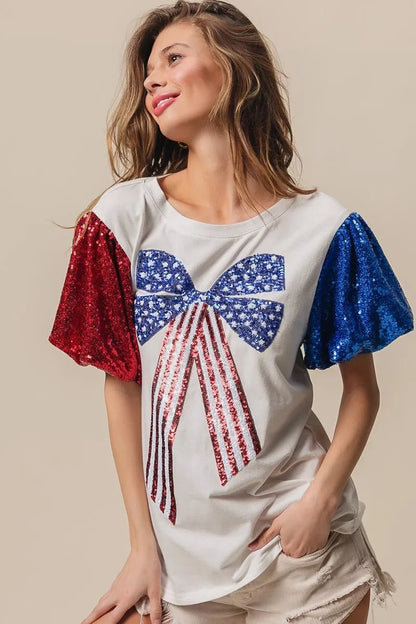 BiBi Sequin American Flag Bow Top - Bitsy Gypsy Boutique
