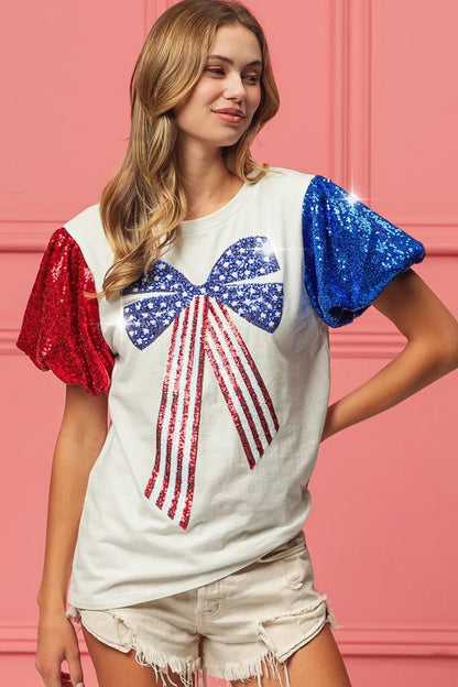 BiBi Sequin American Flag Bow Top - Bitsy Gypsy Boutique