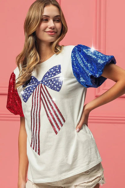 BiBi Sequin American Flag Bow Top - Bitsy Gypsy Boutique