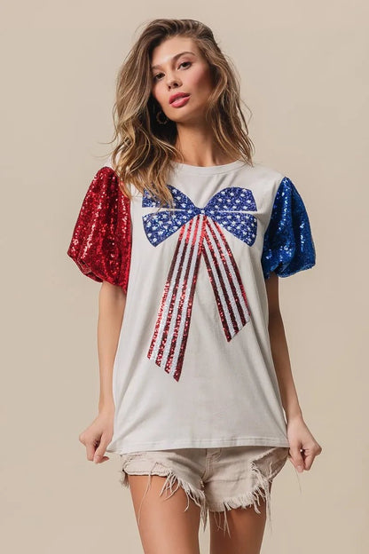BiBi Sequin American Flag Bow Top - Bitsy Gypsy Boutique