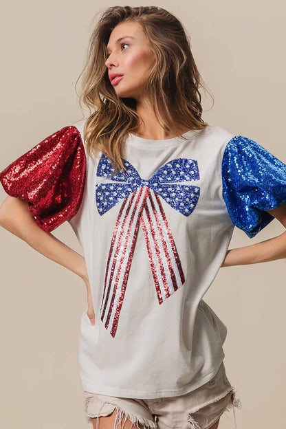 BiBi Sequin American Flag Bow Top - Bitsy Gypsy Boutique