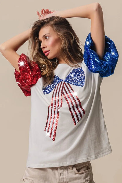 BiBi Sequin American Flag Bow Top - Bitsy Gypsy Boutique