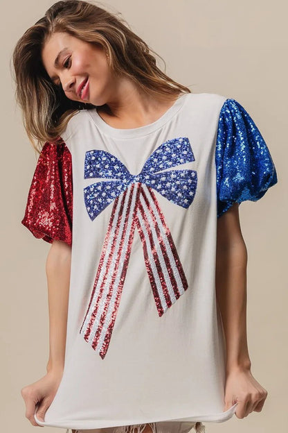 BiBi Sequin American Flag Bow Top - Bitsy Gypsy Boutique