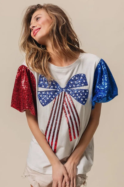 BiBi Sequin American Flag Bow Top - Bitsy Gypsy Boutique