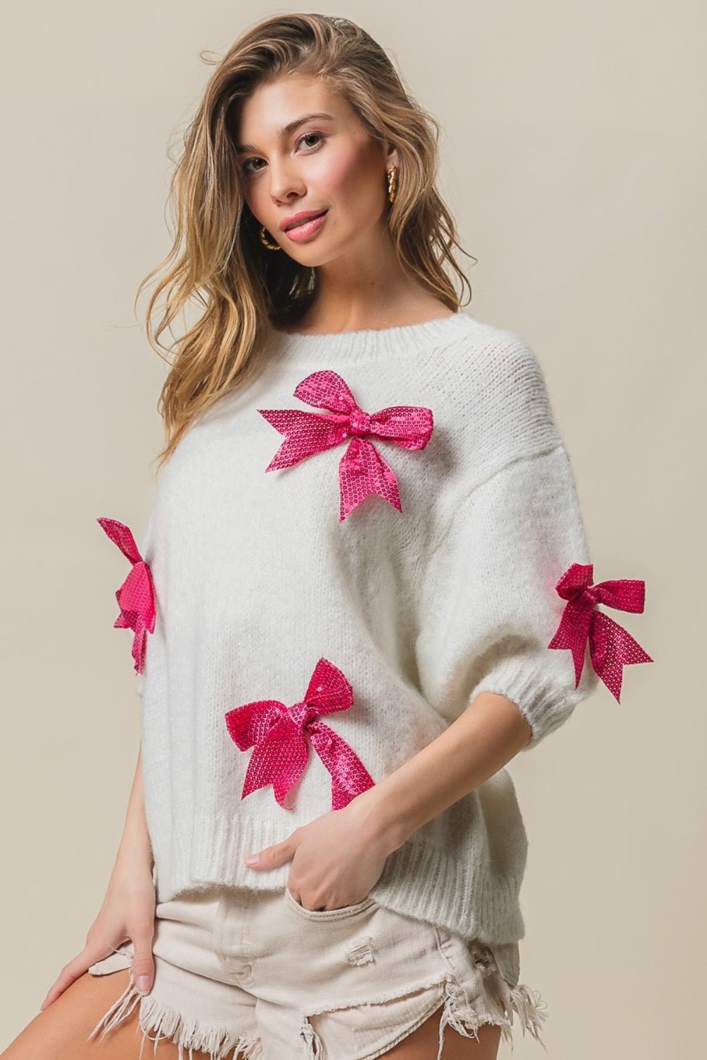 BiBi Sequin Bow Puff Sleeve Sweater - Bitsy Gypsy Boutique