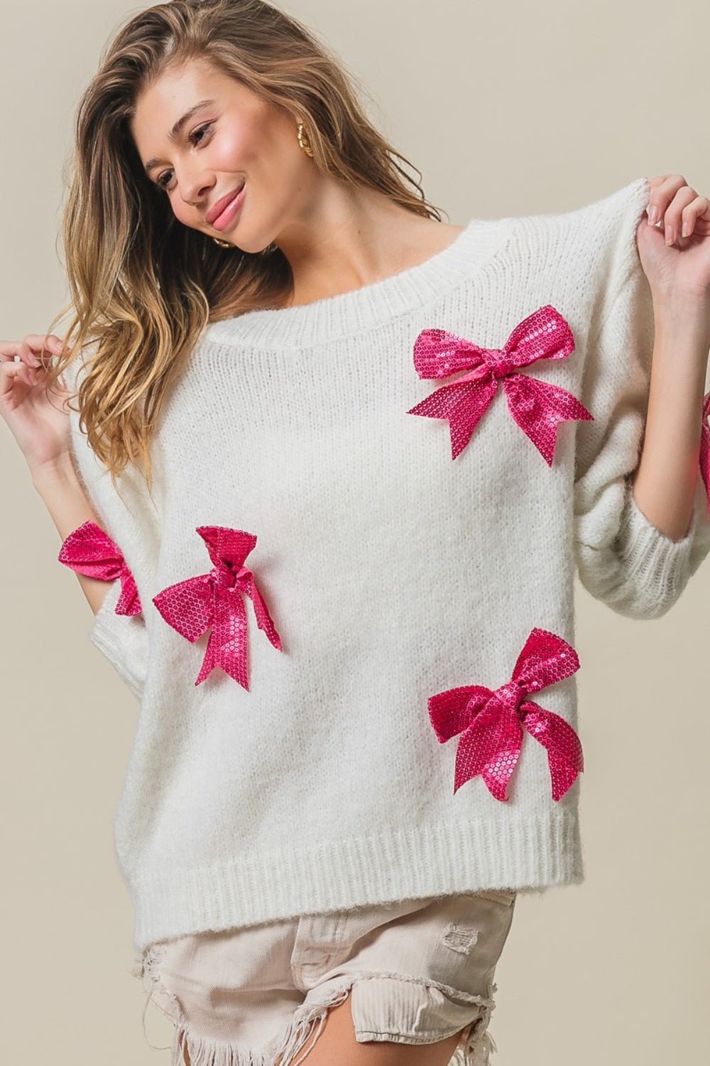 BiBi Sequin Bow Puff Sleeve Sweater - Bitsy Gypsy Boutique