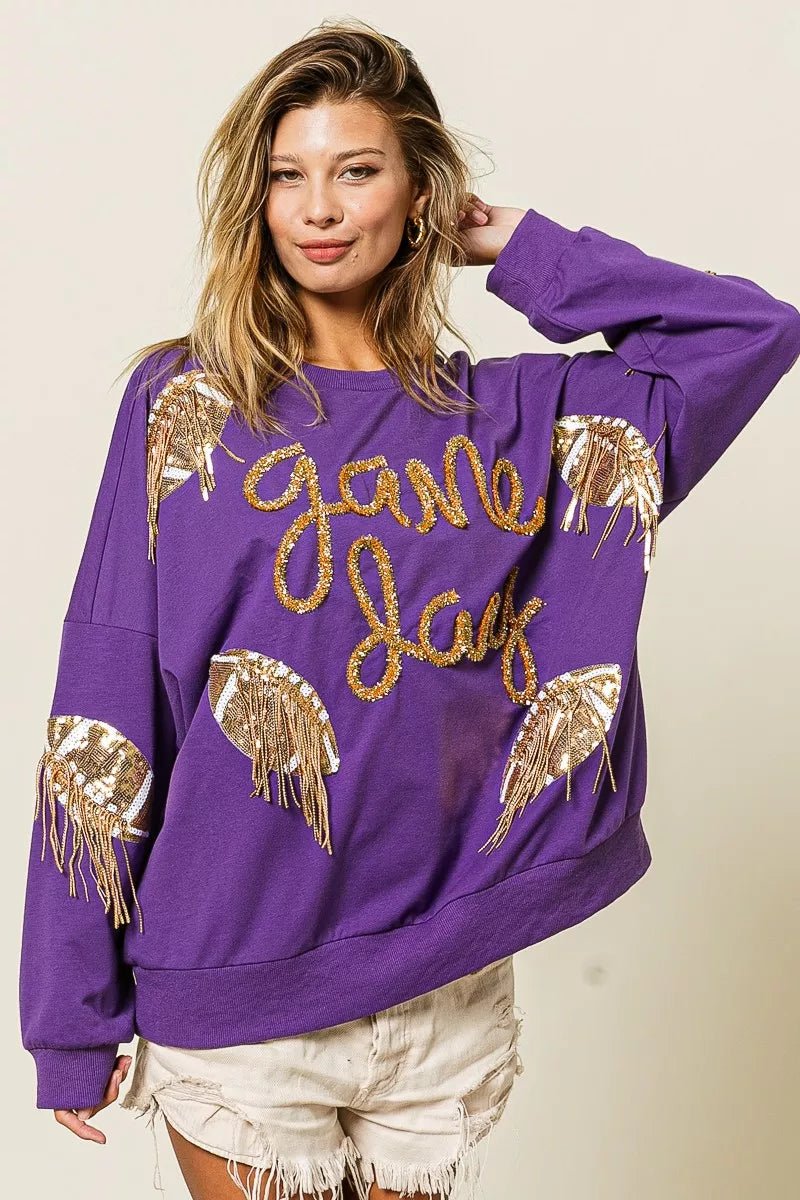 BiBi Sequin Football Patches Game Day Sweatshirt - Bitsy Gypsy Boutique