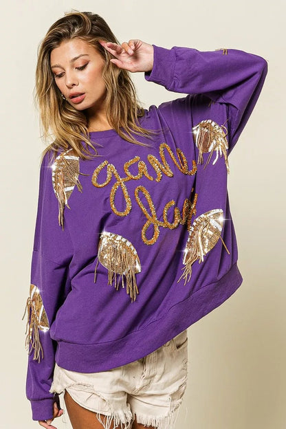 BiBi Sequin Football Patches Game Day Sweatshirt - Bitsy Gypsy Boutique