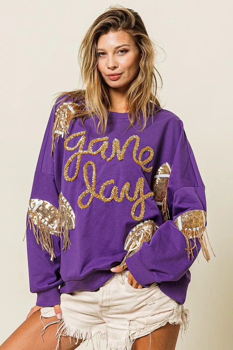 BiBi Sequin Football Patches Game Day Sweatshirt - Bitsy Gypsy Boutique