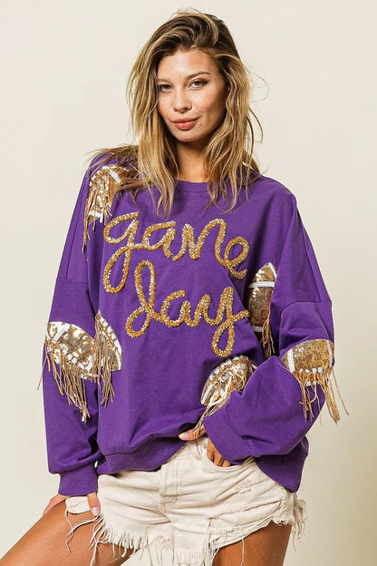 BiBi Sequin Football Patches Game Day Sweatshirt - Bitsy Gypsy Boutique