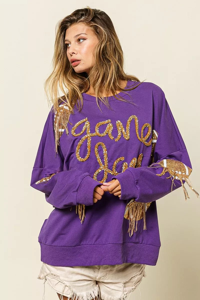 BiBi Sequin Football Patches Game Day Sweatshirt - Bitsy Gypsy Boutique