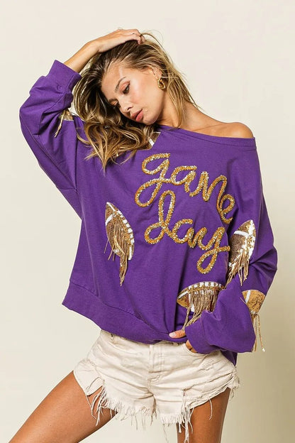 BiBi Sequin Football Patches Game Day Sweatshirt - Bitsy Gypsy Boutique