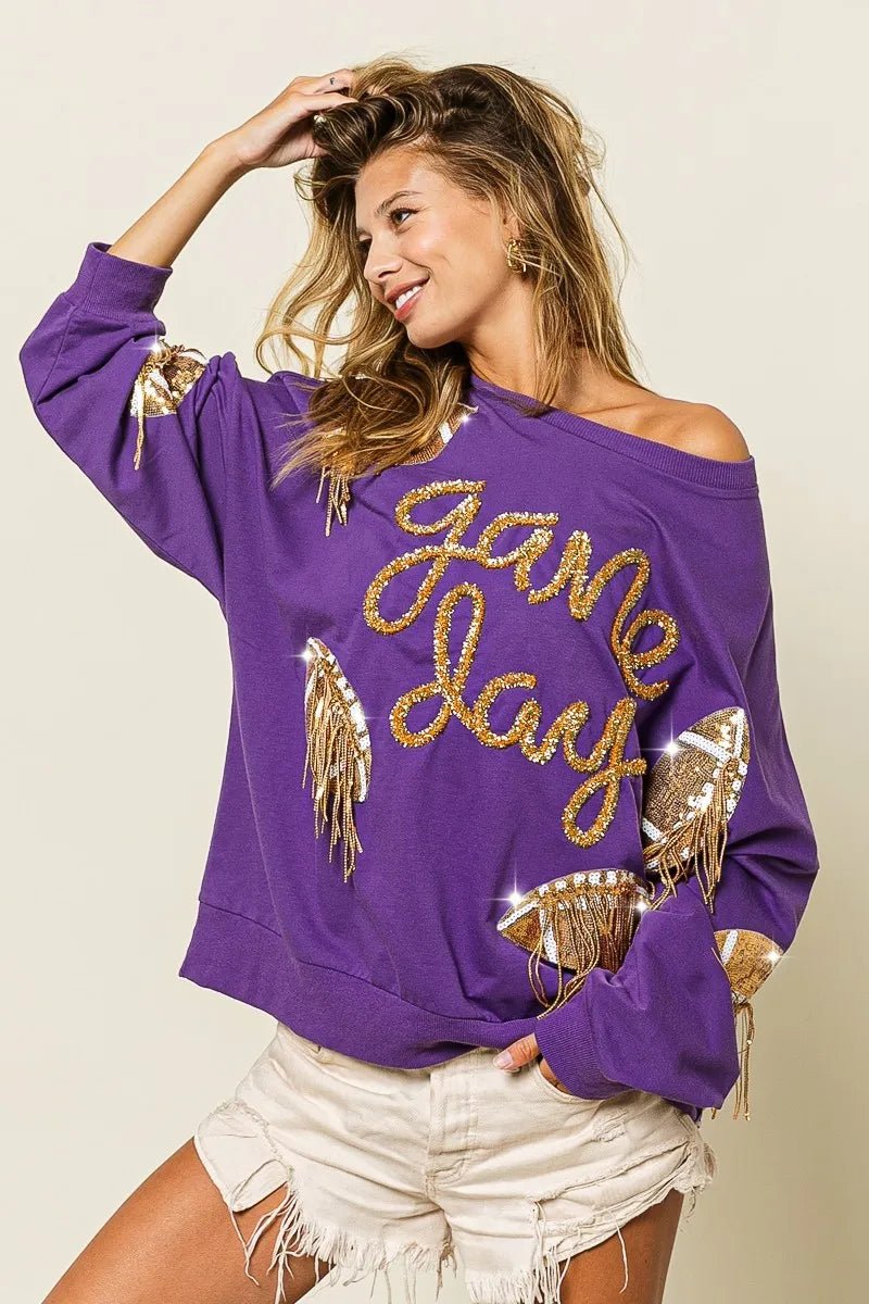 BiBi Sequin Football Patches Game Day Sweatshirt - Bitsy Gypsy Boutique