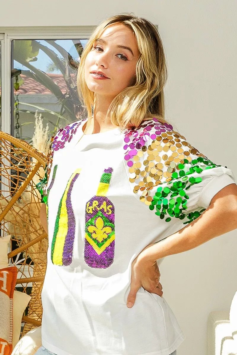 BiBi Sequin Mardi Gras Bottles Spangled Sleeve Top - Bitsy Gypsy Boutique