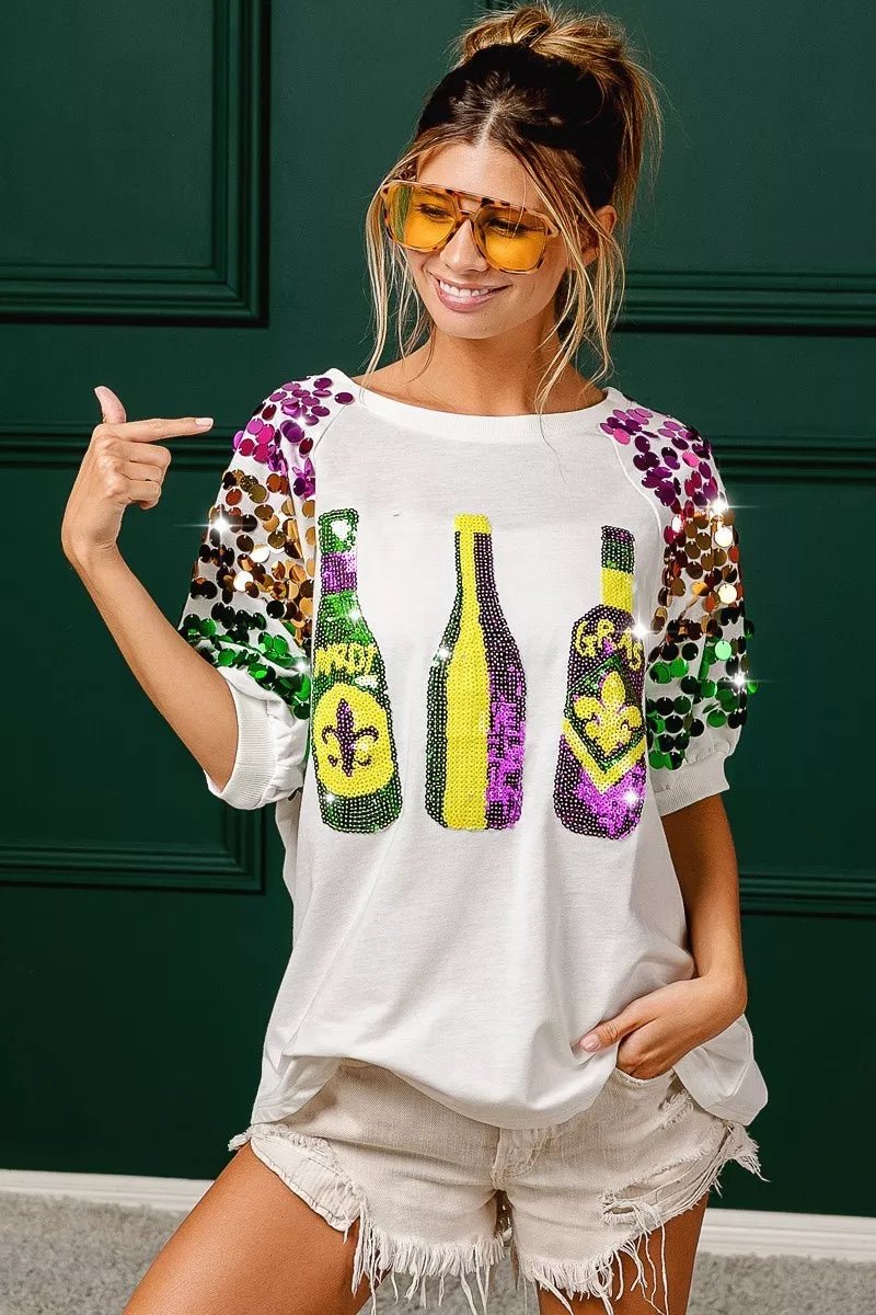 BiBi Sequin Mardi Gras Bottles Spangled Sleeve Top - Bitsy Gypsy Boutique