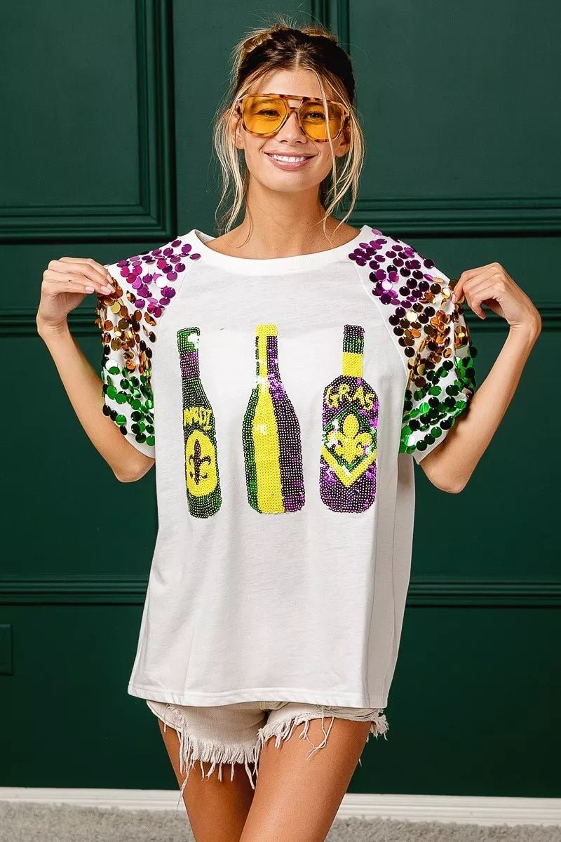 BiBi Sequin Mardi Gras Bottles Spangled Sleeve Top - Bitsy Gypsy Boutique