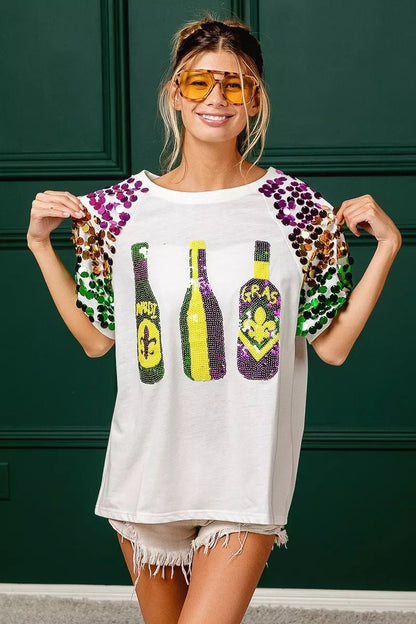 BiBi Sequin Mardi Gras Bottles Spangled Sleeve Top - Bitsy Gypsy Boutique