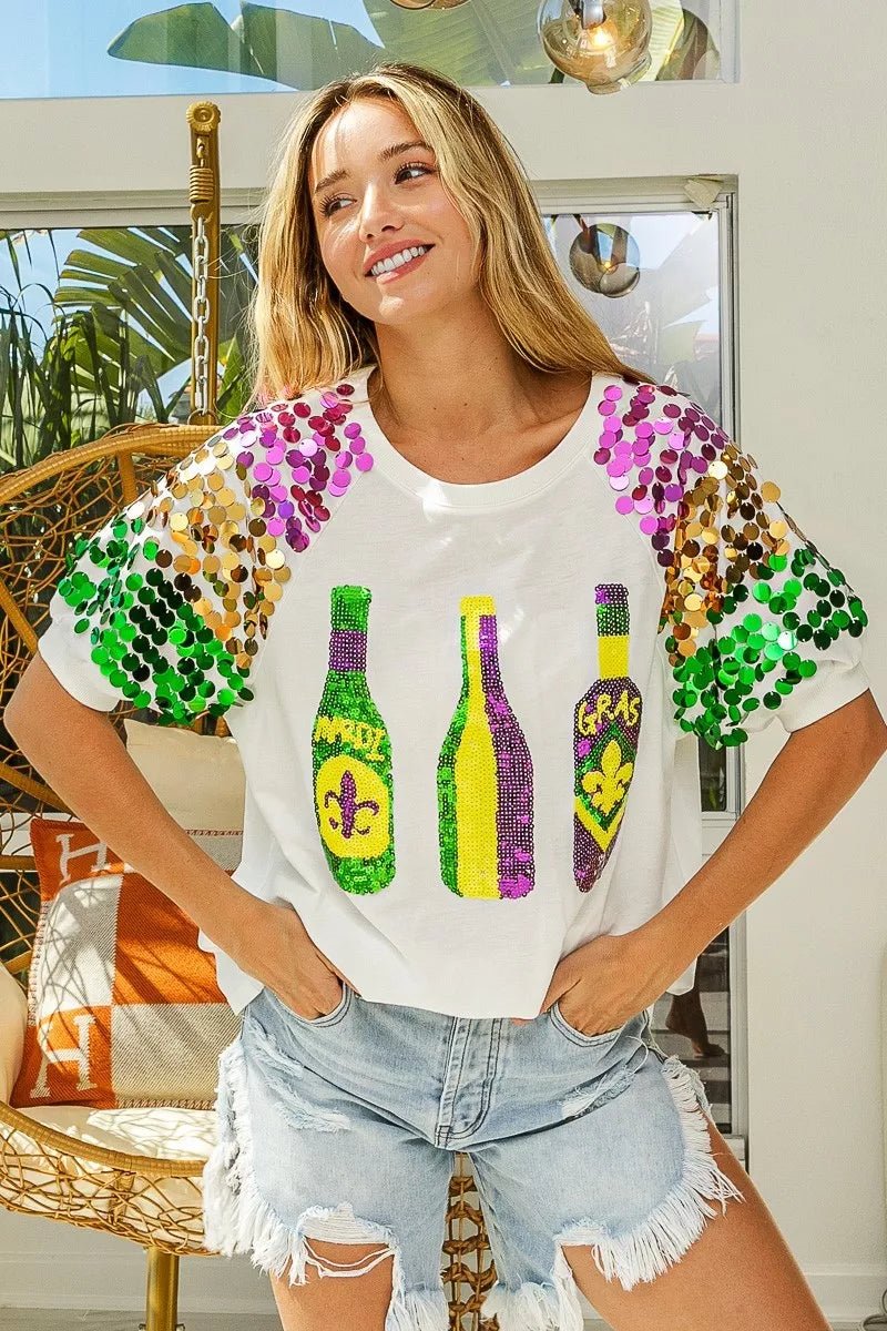 BiBi Sequin Mardi Gras Bottles Spangled Sleeve Top - Bitsy Gypsy Boutique