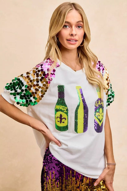 BiBi Sequin Mardi Gras Bottles Spangled Sleeve Top - Bitsy Gypsy Boutique